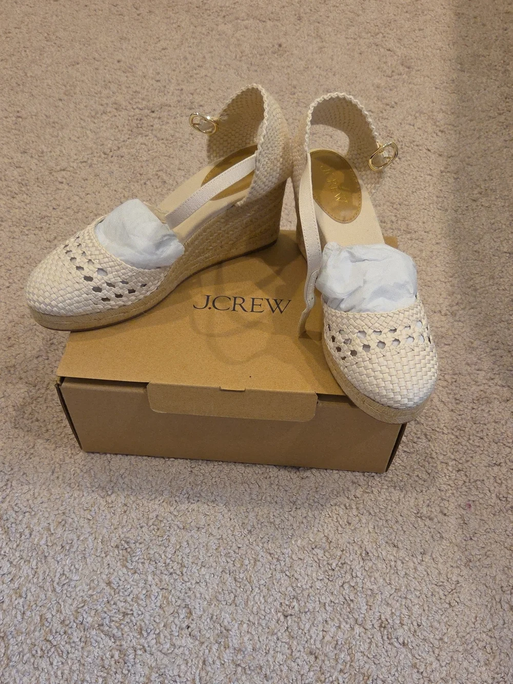 J. Crew Cream Woven Espadrille Wedge Sandals with Ankle Strap and Gold Buckle